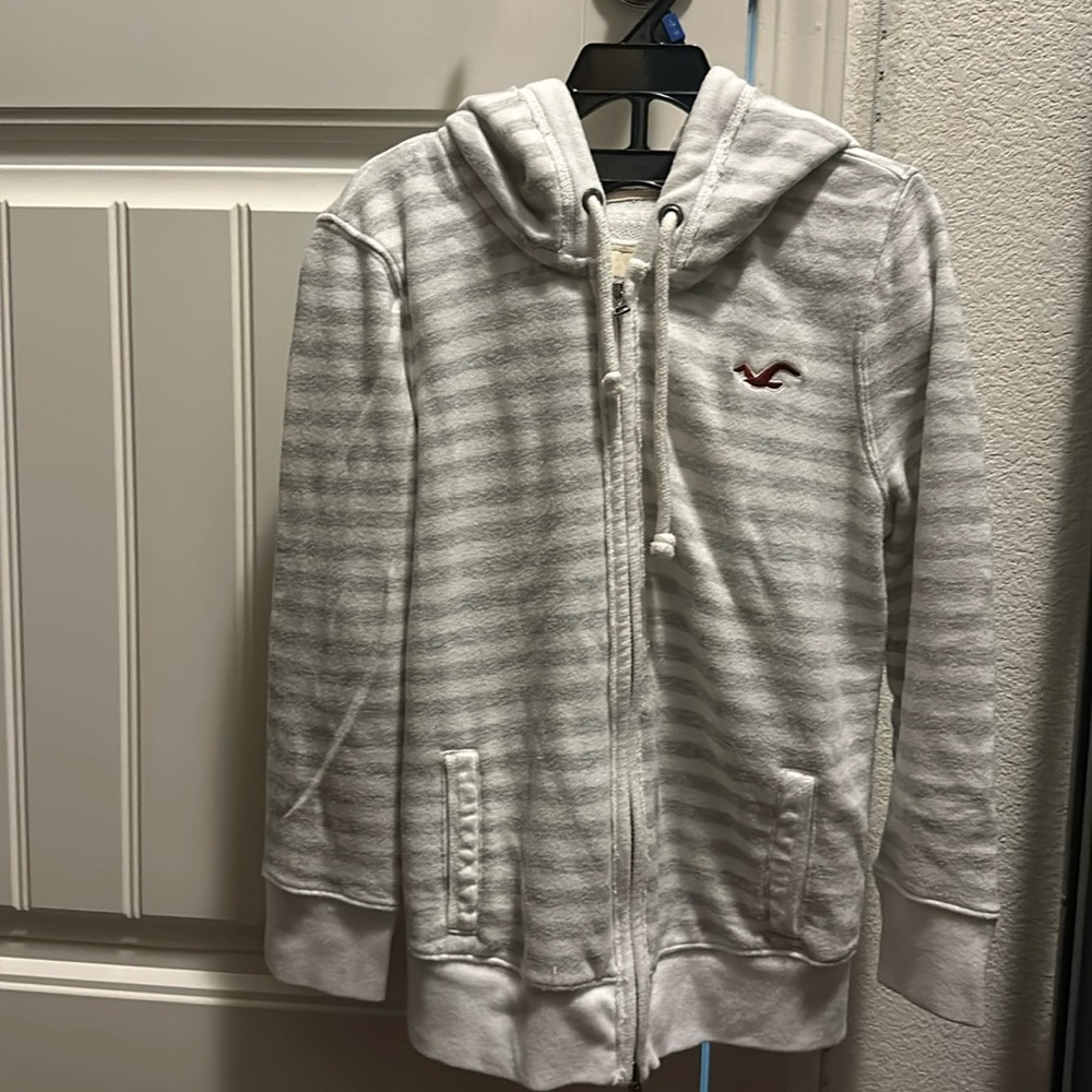 Hollister hoody white and gray front zip